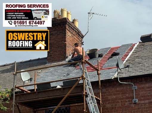 Oswestry Roofing Services New brown guttering secured beneath roof tiles with a clean white fascia board for roofing work in Oswestry