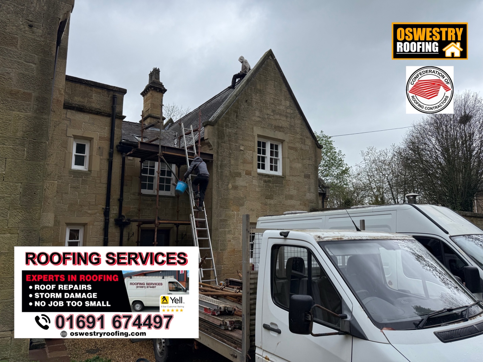 Roofing van and scaffolding at a stone property
