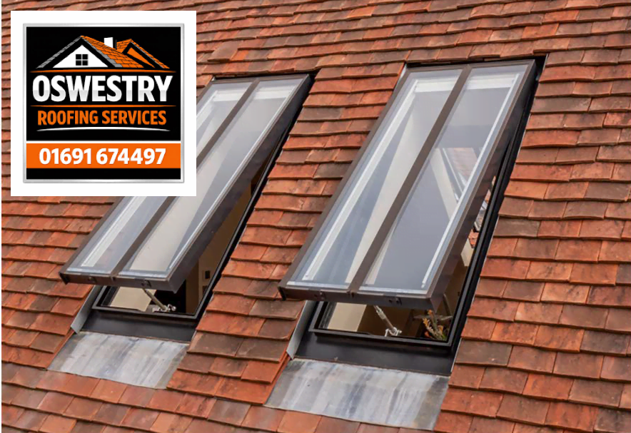 Two open roof windows in a tiled roof, with Oswestry Roofing Services branding
