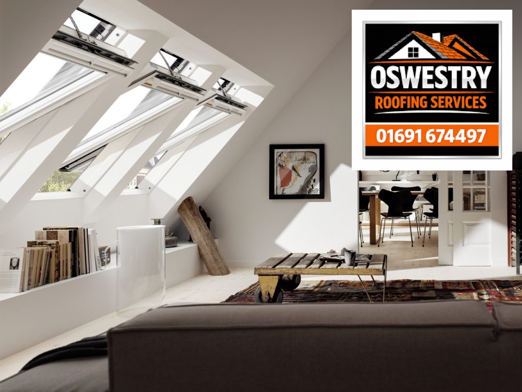 Interior view of three roof windows, with Oswestry Roofing Services branding