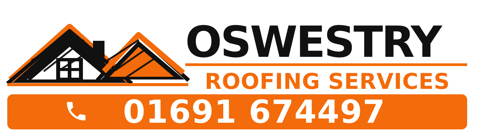 Oswestry Roofing Services orange roofline logo and telephone number 01691 674497, serving Oswestry and nearby villages