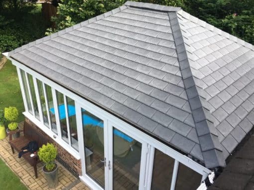 Oswestry Roofing Services Completed solid tiled conservatory roof with insulated lightweight roof coverings for roofing work in Oswestry