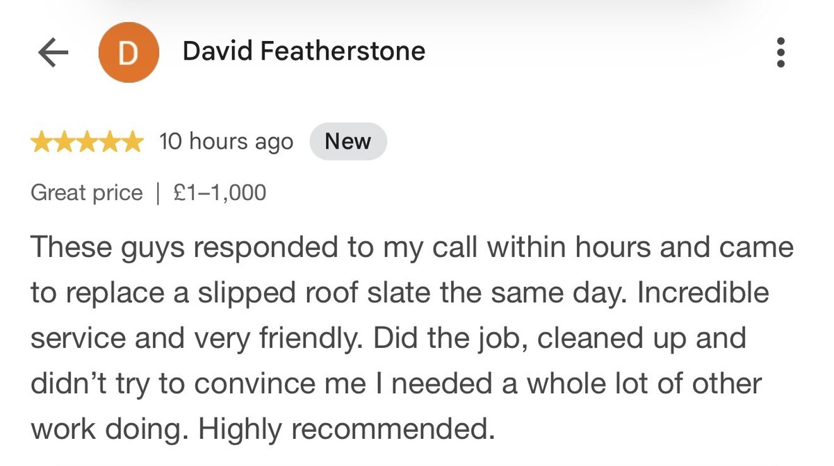 Five-star Google review from David Featherstone praising the same-day replacement of a slipped roof slate for customers in Oswestry and nearby areas