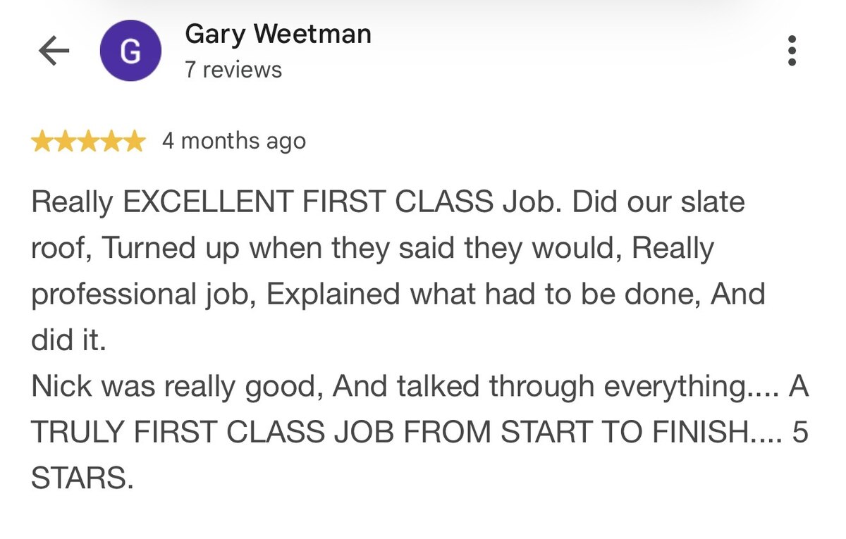 Five-star Google review from Gary Weetman describing first-class slate roofing work completed professionally from start to finish for customers in Oswestry and nearby areas
