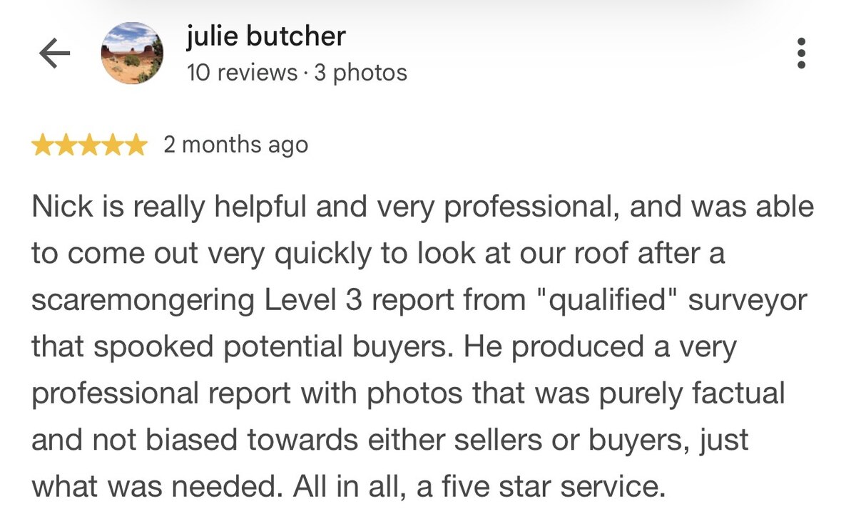 Five-star Google review from Julie Butcher praising a prompt professional roof inspection and factual photographic report for customers in Oswestry and nearby areas