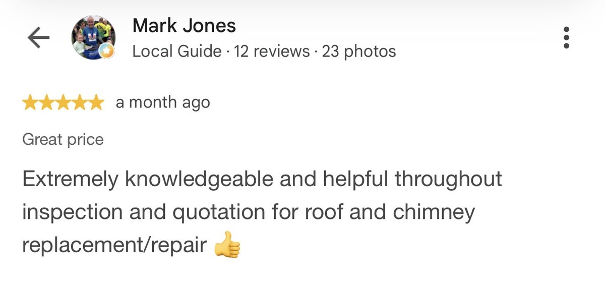 Five-star Google review from Mark Jones praising knowledgeable advice for roof and chimney replacement and repair for customers in Oswestry and nearby areas