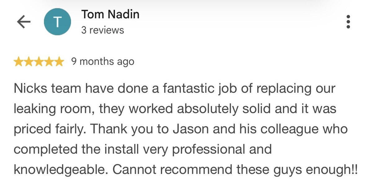 Five-star Google review from Tom Nadin praising a fairly priced replacement roof and professional installation by Oswestry Roofing Services for customers in Oswestry and nearby areas
